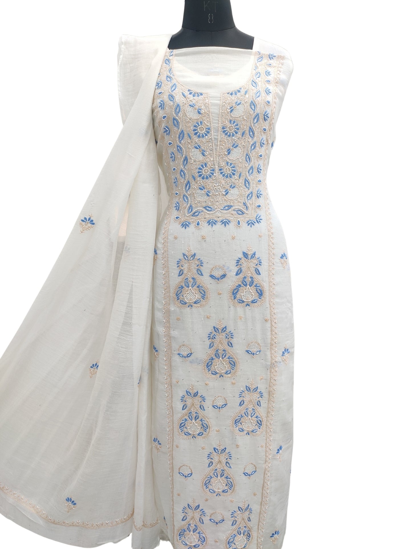 Shyamal Chikan Hand Embroidered White Mul Chanderi Lucknowi Chikankari Unstitched Suit Piece with Cutdana & Sequin Work (Kurta Dupatta Set) 23967