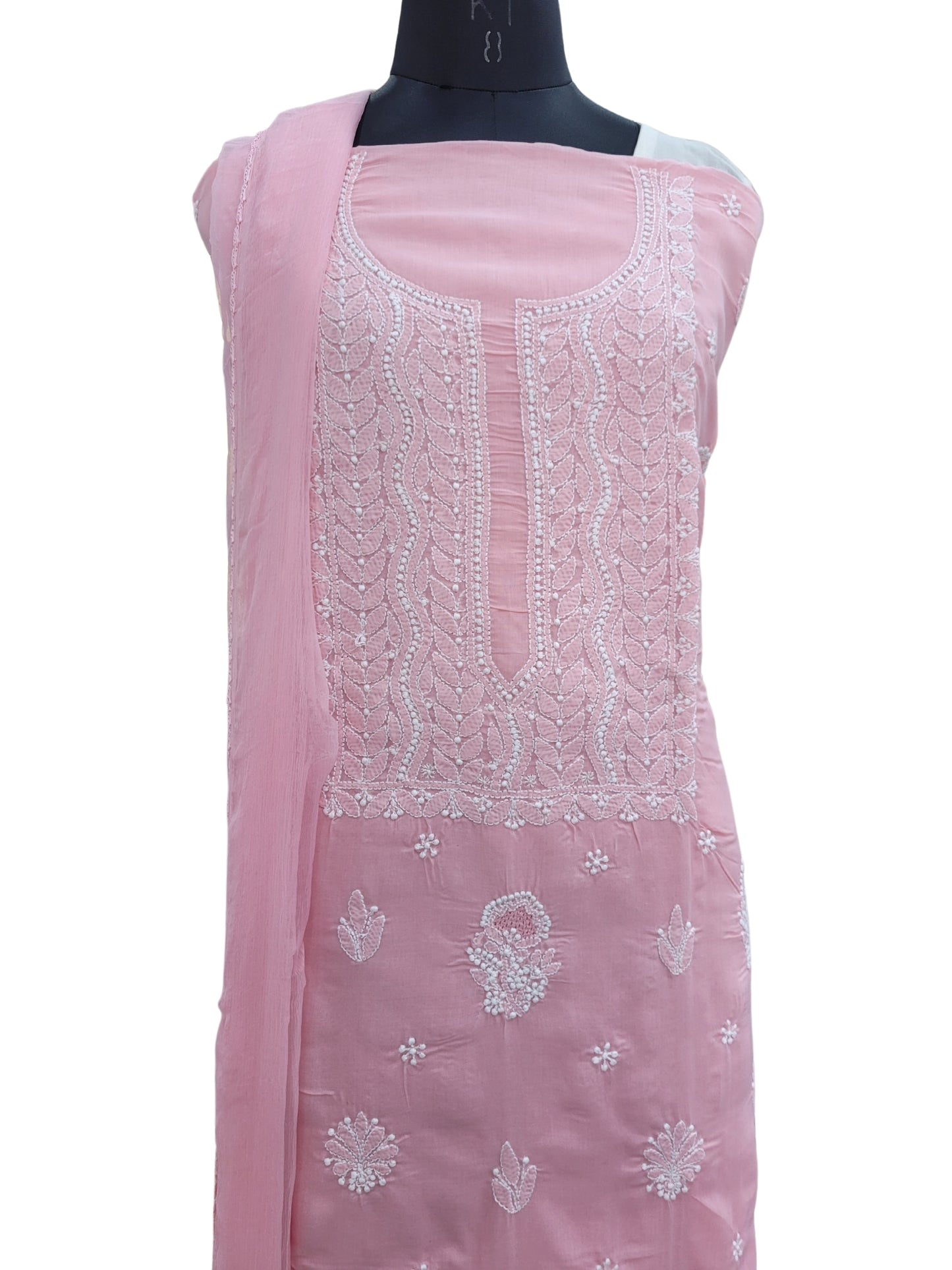 Shyamal Chikan Hand Embroidered Pink Cotton Lucknowi Chikankari Unstitched Suit Piece With Jaali Work - S25070