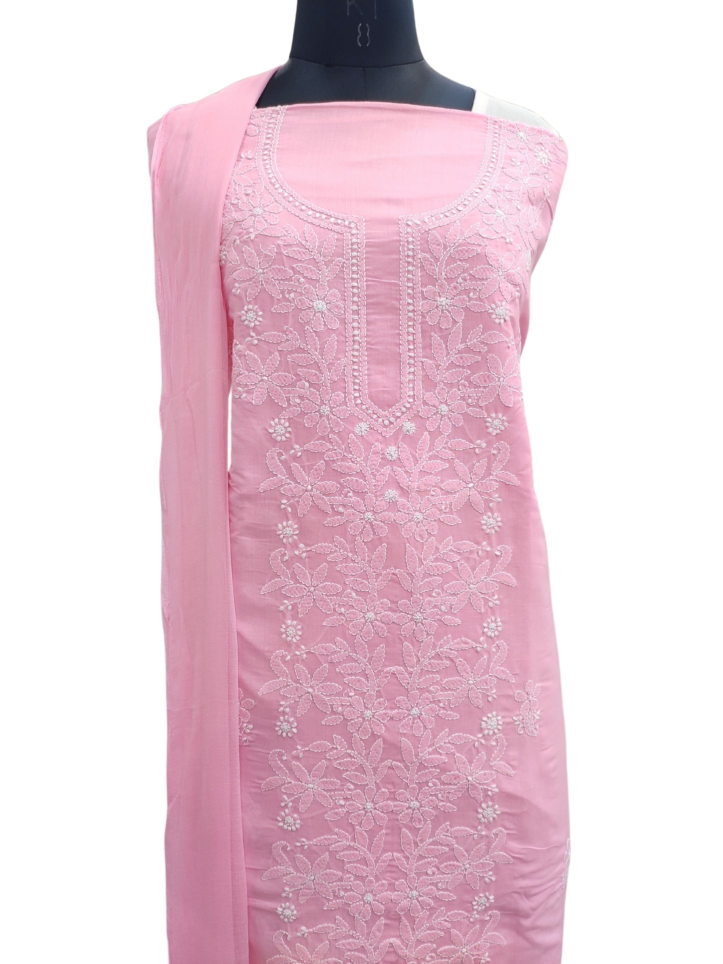 Shyamal Chikan Hand Embroidered Pink Cotton Lucknowi Chikankari Unstitched Suit Piece - S24771