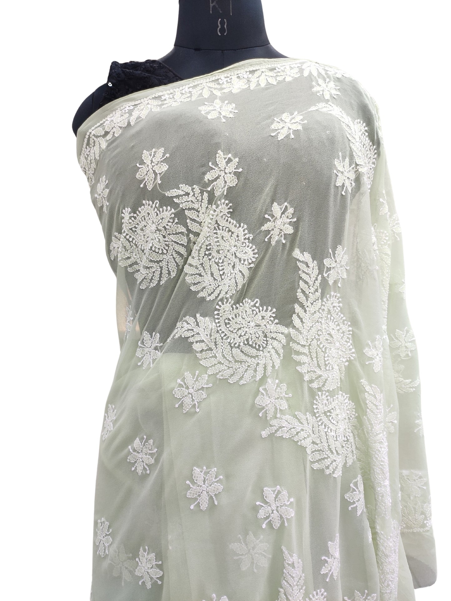 Shyamal Chikan Hand Embroidered Green Georgette Lucknowi Chikankari Saree With Blouse Piece - S25244