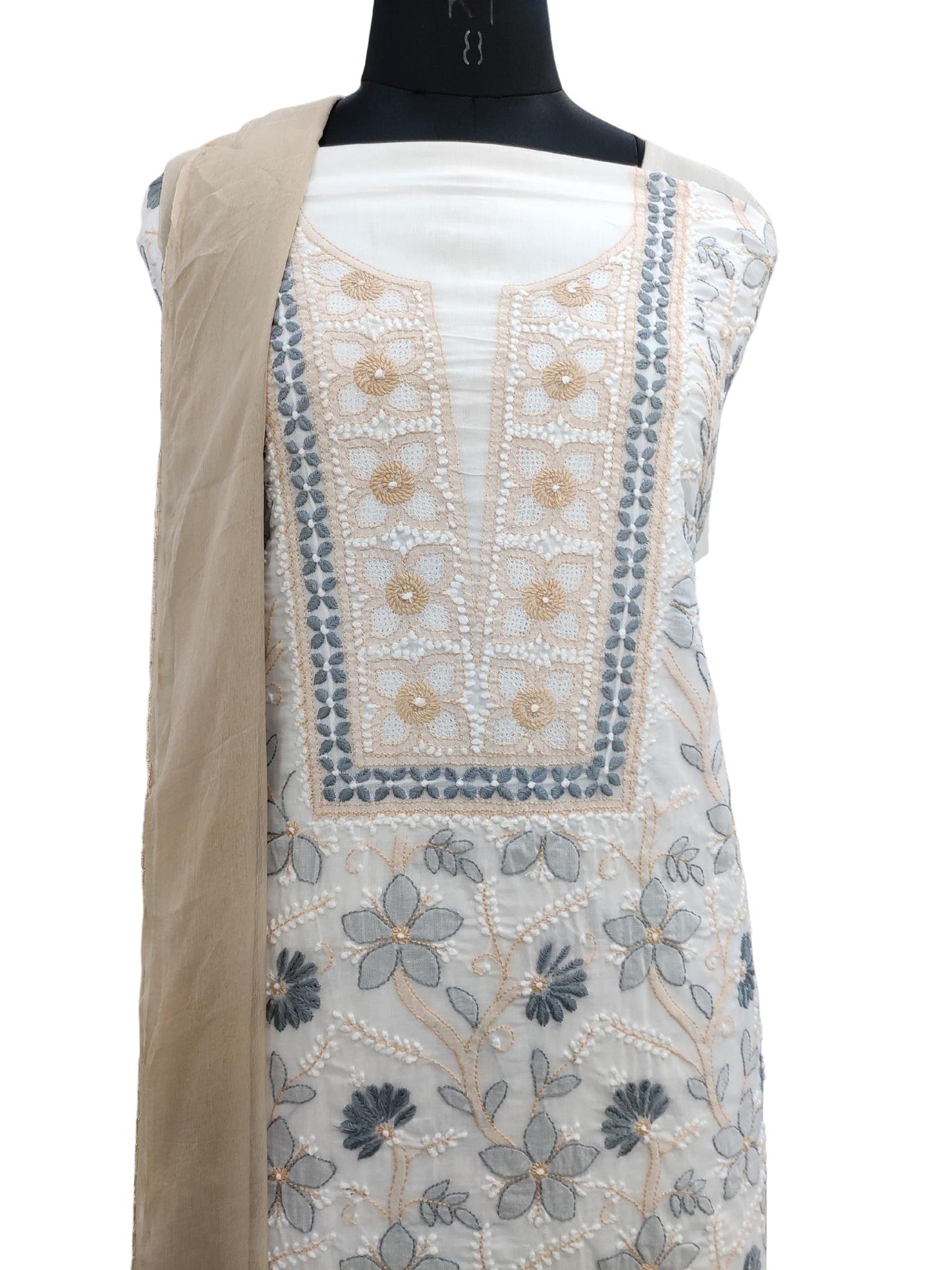 Shyamal Chikan Hand Embroidered White Pure Cotton Lucknowi Chikankari Unstitched Suit Piece - S20810