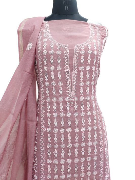 Shyamal Chikan Hand Embroidered Wine Mul Chanderi Lucknowi Chikankari Semi Stitched Suit Piece (Kurta Dupatta Set) - S23984