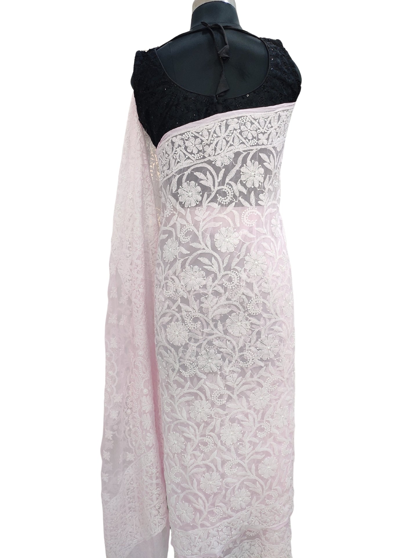 Shyamal Chikan Hand Embroidered Pink Georgette Lucknowi Chikankari Full Jaal Saree With Blouse Piece - 23995