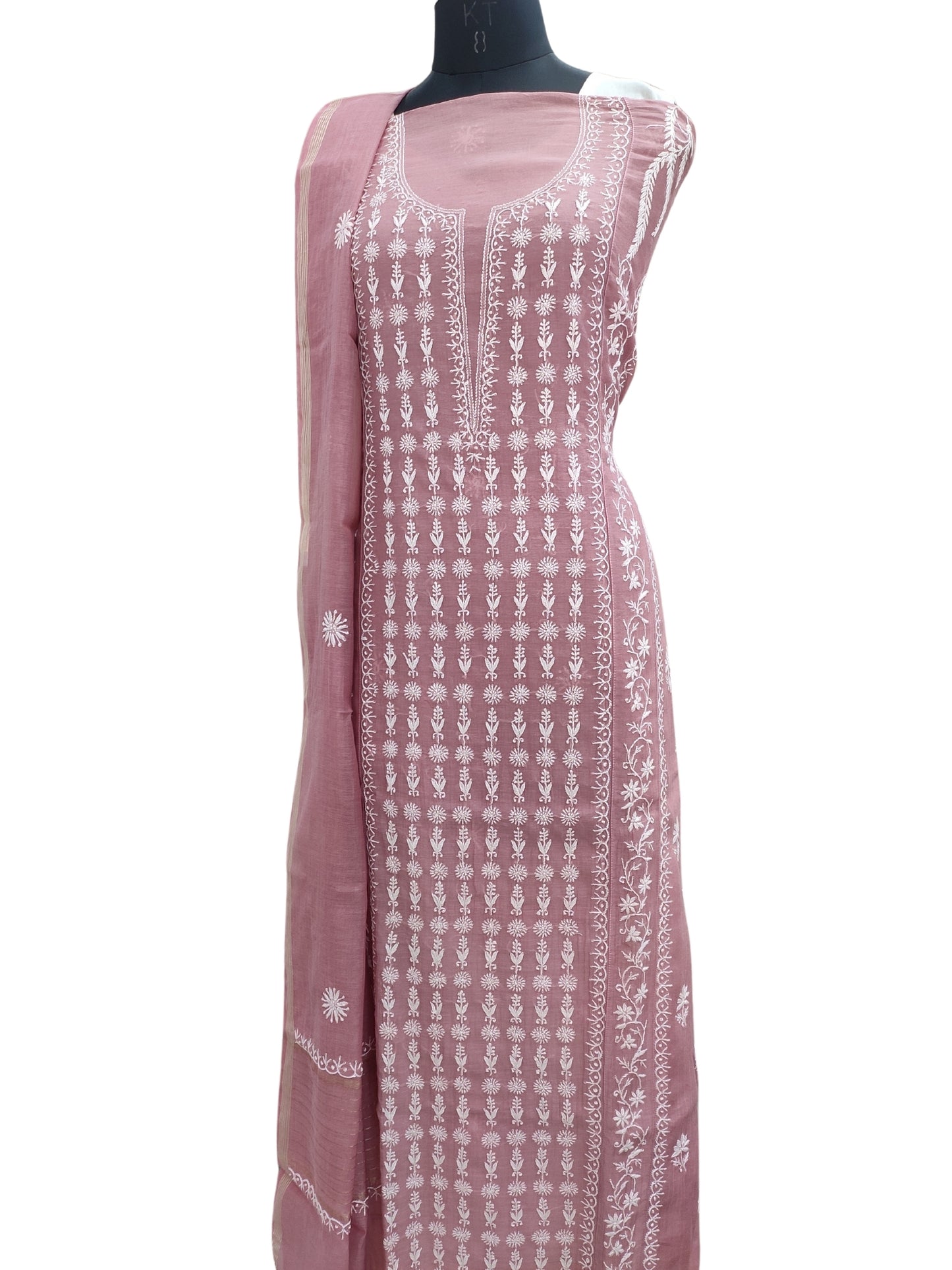 Shyamal Chikan Hand Embroidered Wine Mul Chanderi Lucknowi Chikankari Semi Stitched Suit Piece (Kurta Dupatta Set) - S23984