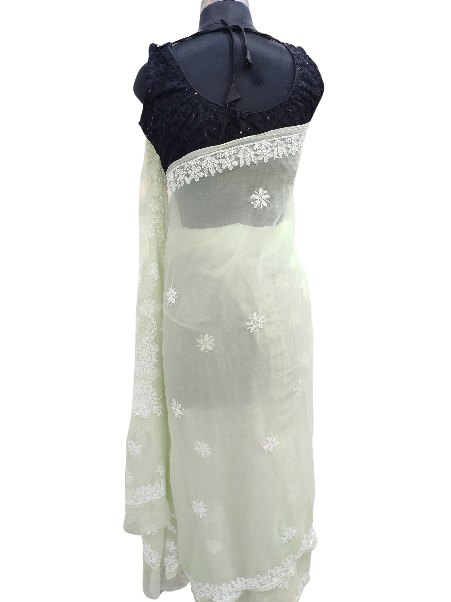 Shyamal Chikan Hand Embroidered Green Georgette Lucknowi Chikankari Saree With Blouse Piece - S25244