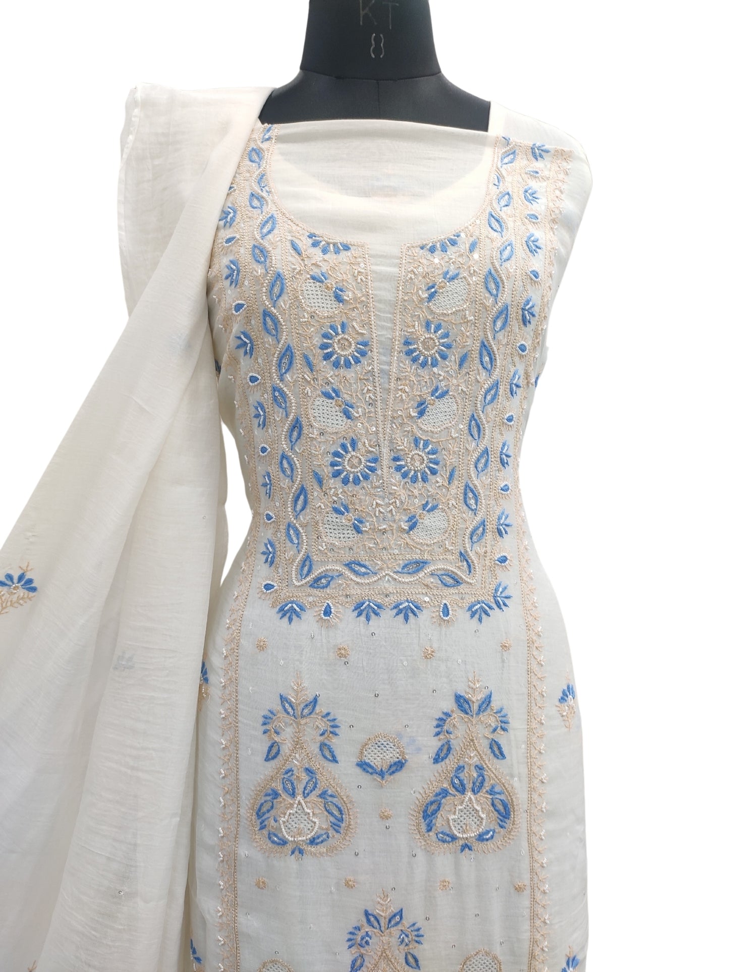 Shyamal Chikan Hand Embroidered White Mul Chanderi Lucknowi Chikankari Unstitched Suit Piece with Cutdana & Sequin Work (Kurta Dupatta Set) 23967