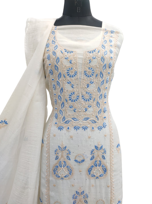 Shyamal Chikan Hand Embroidered White Mul Chanderi Lucknowi Chikankari Unstitched Suit Piece with Cutdana & Sequin Work (Kurta Dupatta Set) - S23967