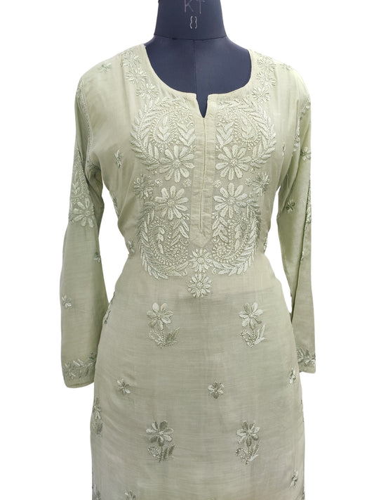 Shyamal Chikan Hand Embroidered Green Muslin Lucknowi Chikankari Kurta and Bottom Set - 23579