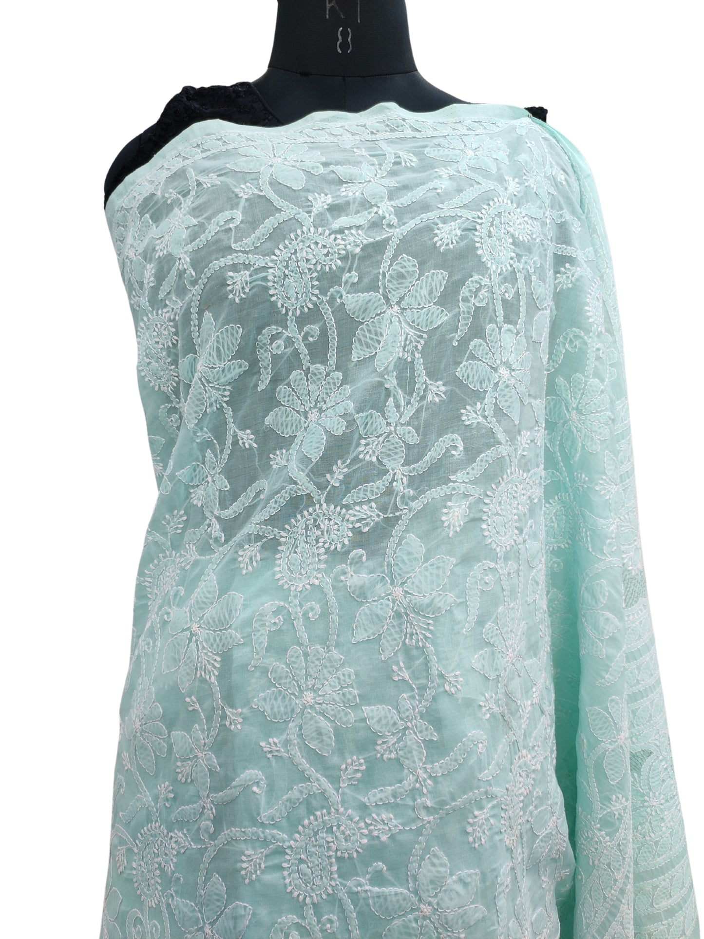 Shyamal Chikan Hand Embroidered Sea Green Cotton Lucknowi Chikankari Full Jaal Saree With Blouse Piece- S22254