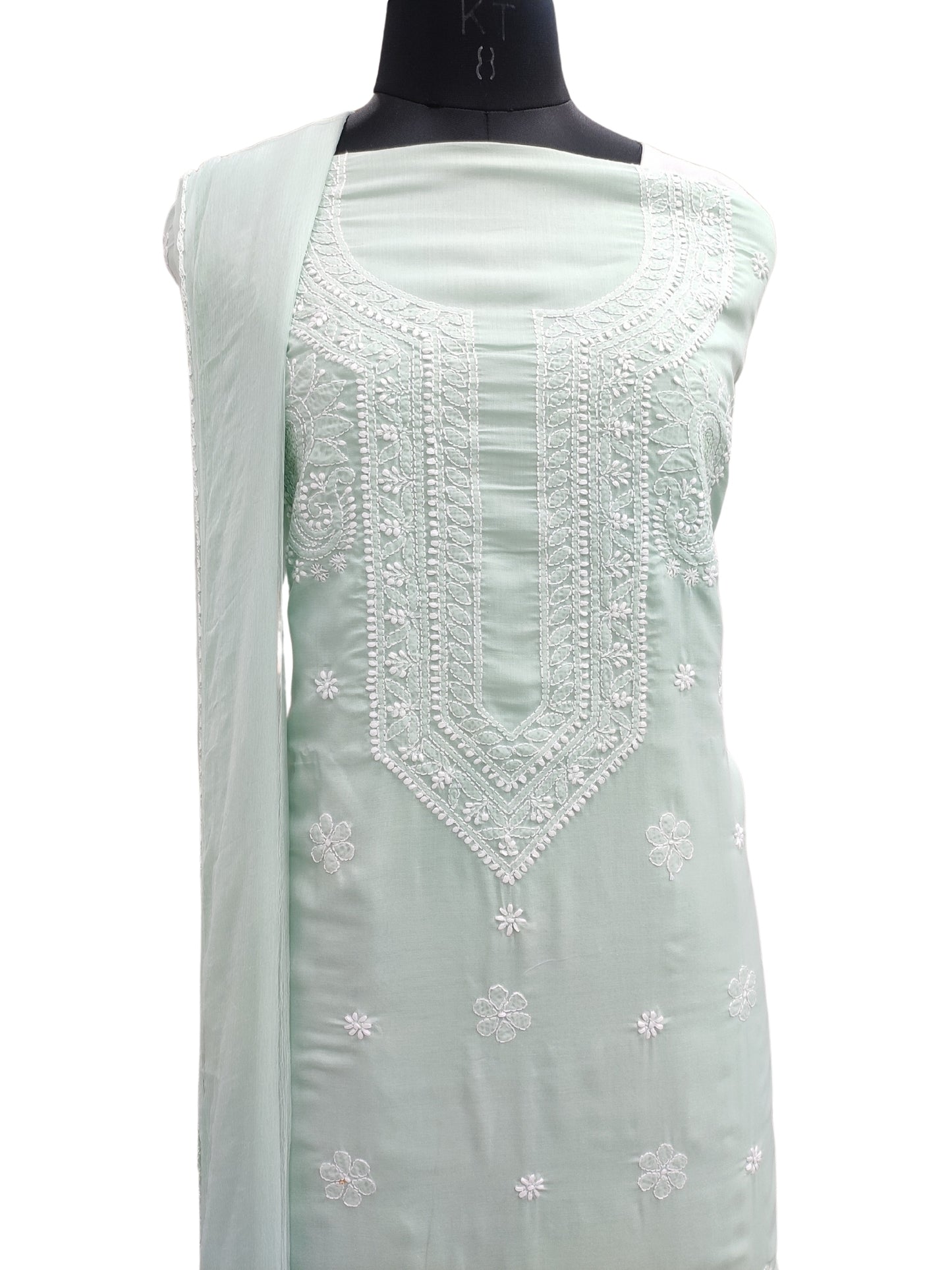 Shyamal Chikan Hand Embroidered Sea Green Cotton Lucknowi Chikankari Unstitched Suit Piece With Jaali Work - S25279