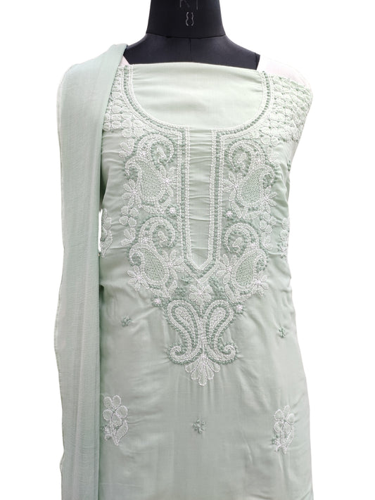 Shyamal Chikan Hand Embroidered Green Cotton Lucknowi Chikankari Unstitched Suit Piece With Jaali Work - S24153