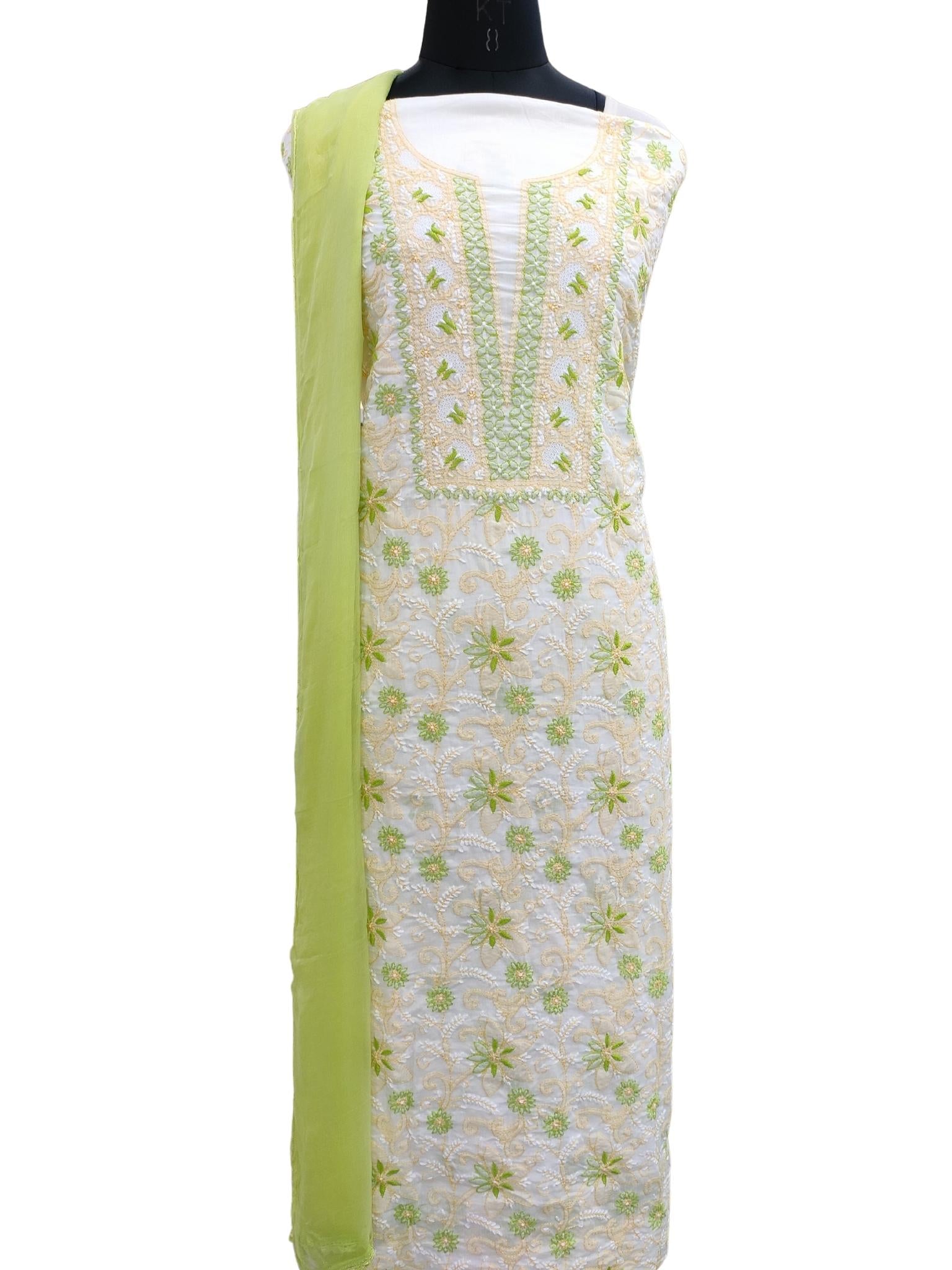 Shyamal Chikan Hand Embroidered White Pure Cotton Lucknowi Chikankari Unstitched Suit Piece - S20803