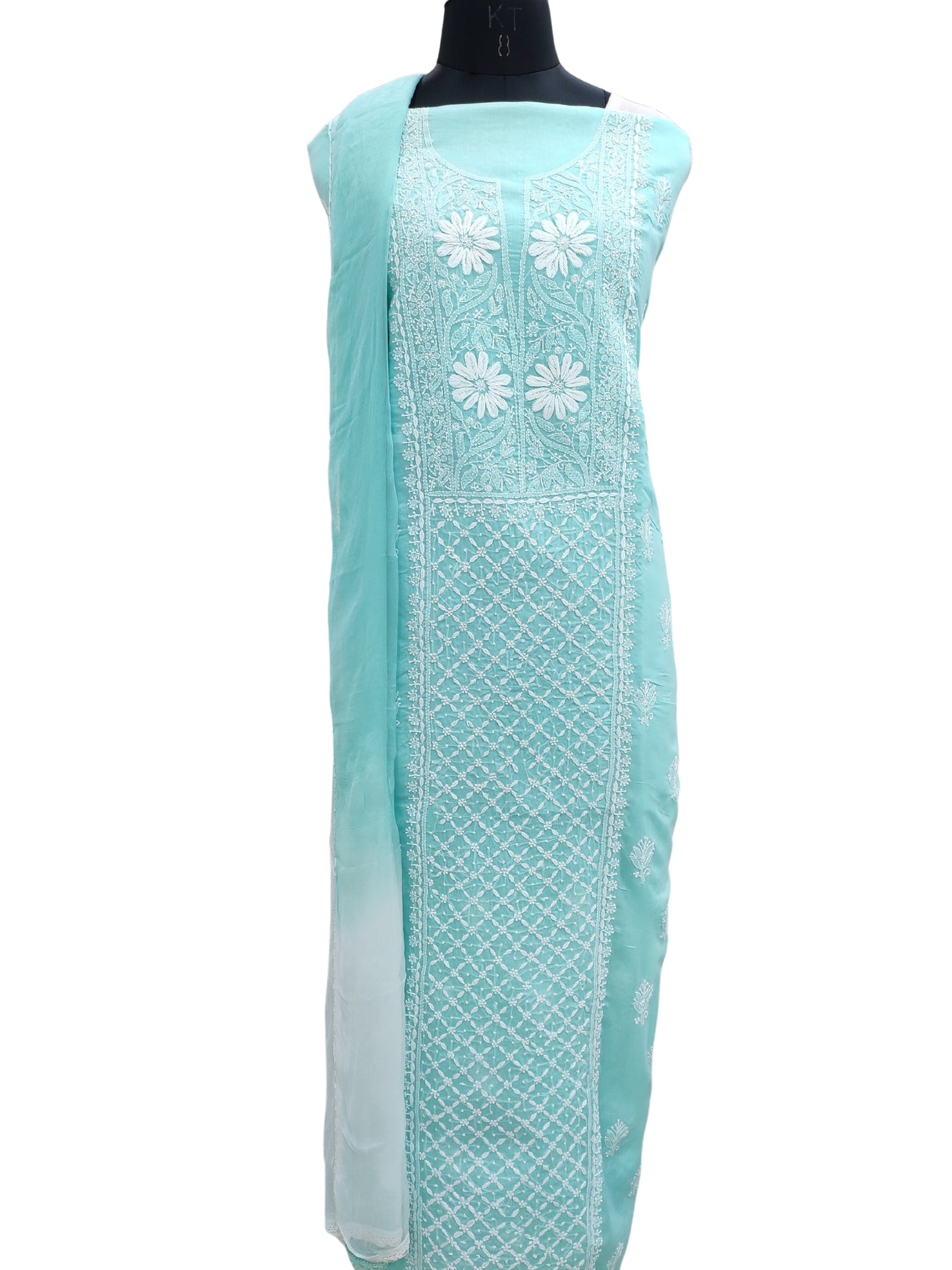 Shyamal Chikan Hand Embroidered Sea Green Cotton Lucknowi Chikankari Unstitched Suit Piece- S21842