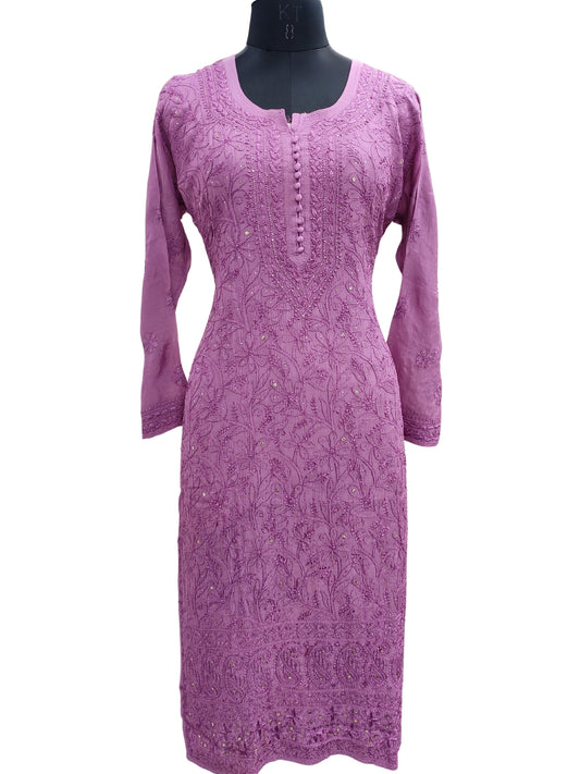 Shyamal Chikan Hand Embroidered Purple Muslin Lucknowi Chikankari Kurti With Mukaish Work - S24240