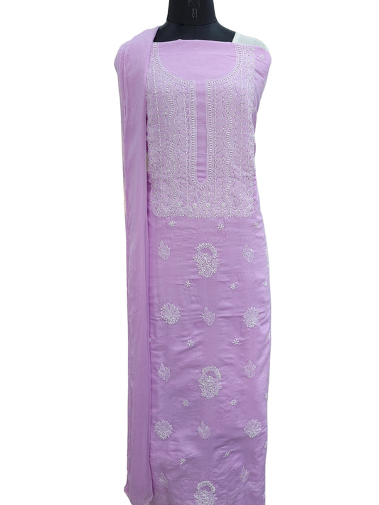 Shyamal Chikan Hand Embroidered Purple Cotton Lucknowi Chikankari Unstitched Suit Piece With Jaali Work - S25064