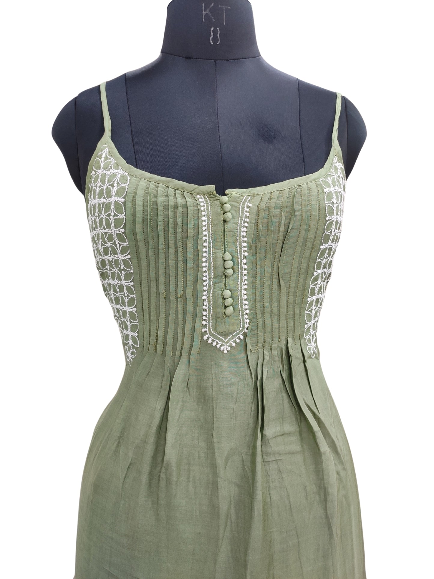 Shyamal Chikan Hand Embroidered Green Muslin Noodle Strap Lucknowi Chikankari Short Top - S25526