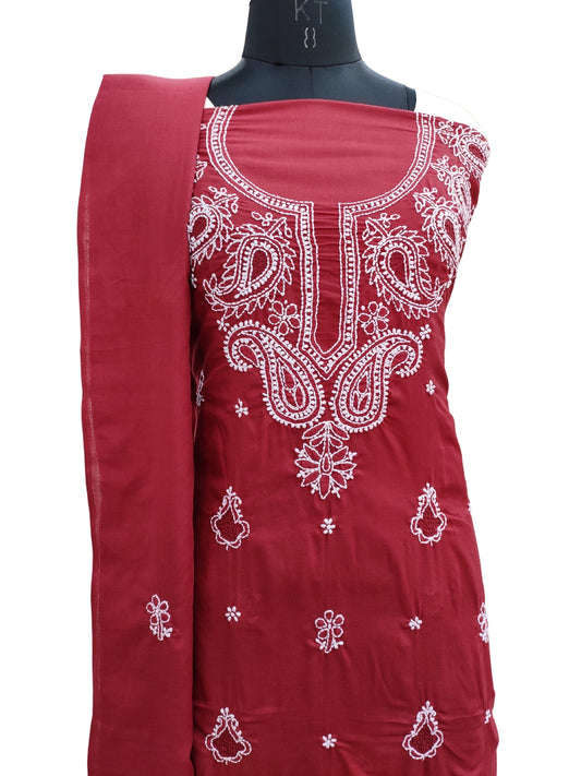 Shyamal Chikan Hand Embroidered Maroon Cotton Lucknowi Chikankari Unstitched Suit Piece With Cotton Dupatta & Jaali Work - S25427