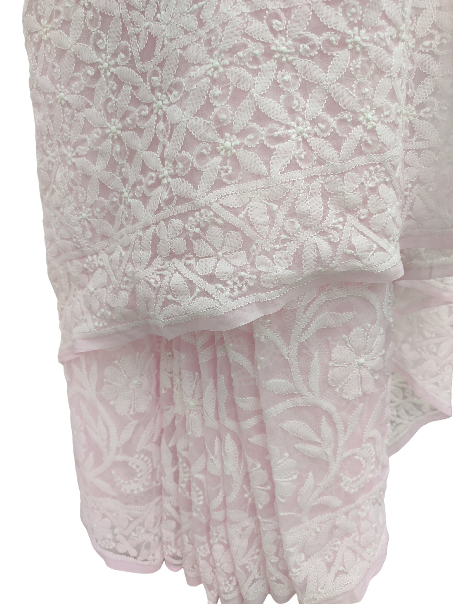 Shyamal Chikan Hand Embroidered Pink Georgette Lucknowi Chikankari Full Jaal Saree With Blouse Piece - 23995