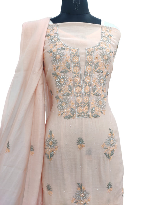 Shyamal Chikan Hand Embroidered Peach Mul Chanderi Lucknowi Chikankari Unstitched Suit Piece with Cutdana & Sequin Work (Kurta Dupatta Set) - S23888