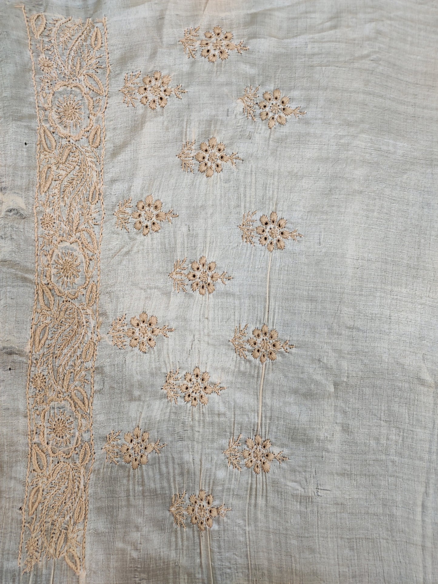 Shyamal Chikan Hand Embroidered Beige Tusser Silk Lucknowi Chikankari Saree With Blouse Piece- S22437