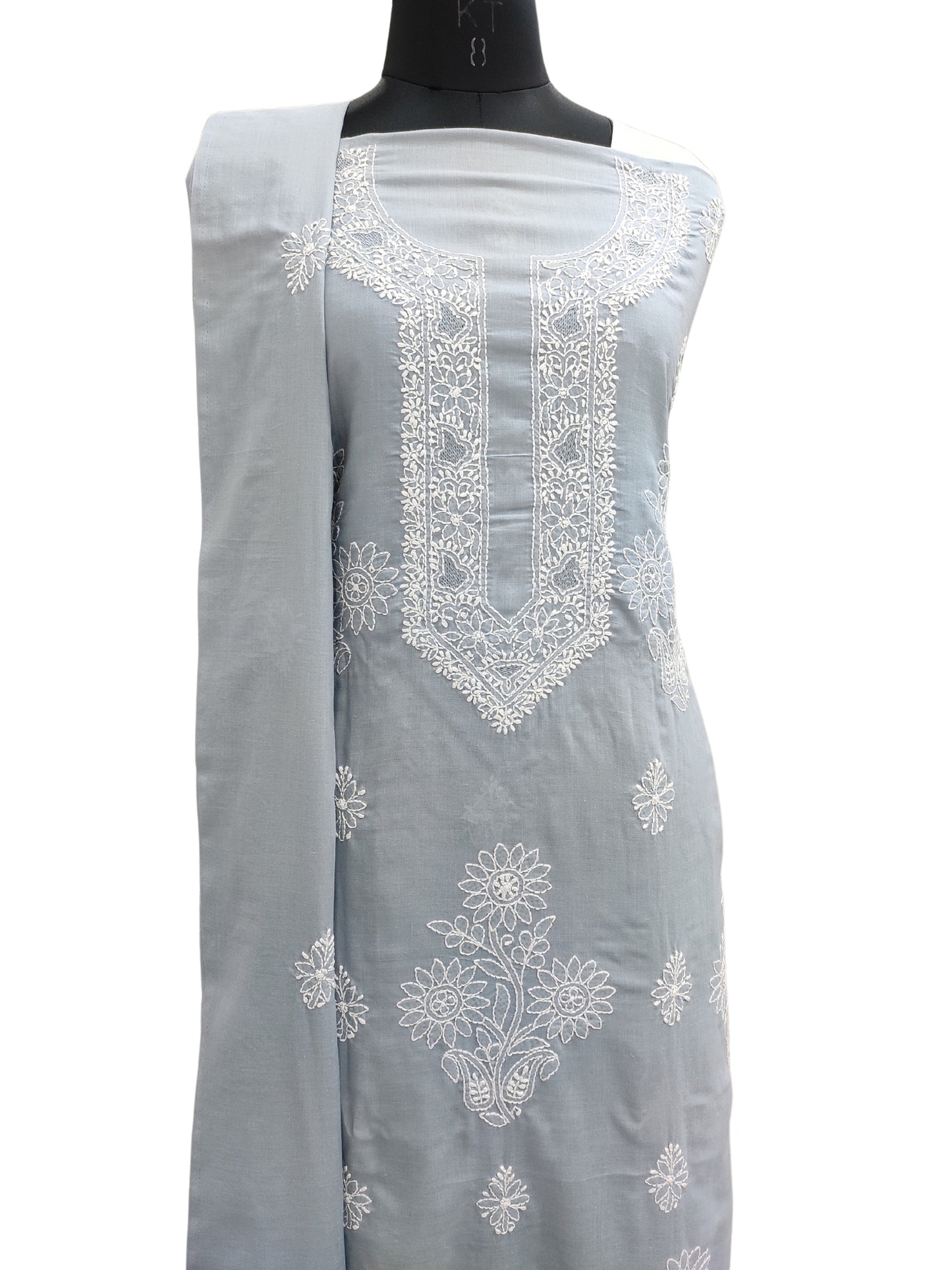 Shyamal Chikan Hand Embroidered Grey Cotton Lucknowi Chikankari Unstitched Suit Piece With Cotton Dupatta - S25288