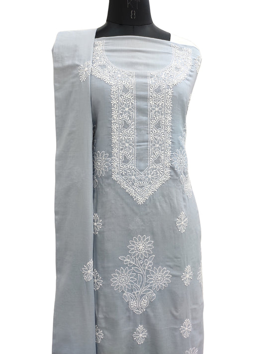 Shyamal Chikan Hand Embroidered Grey Cotton Lucknowi Chikankari Unstitched Suit Piece With Cotton Dupatta - S25288