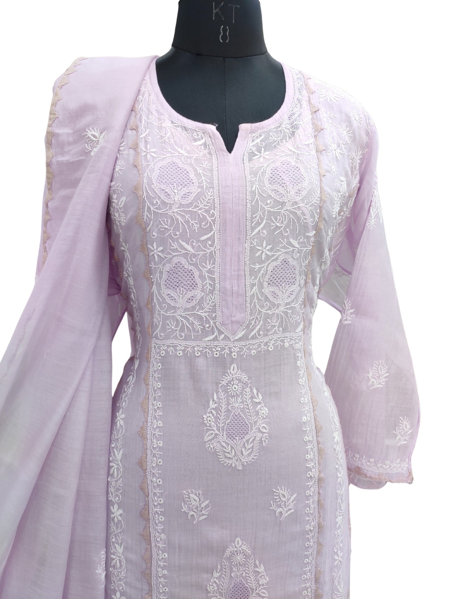 Shyamal Chikan Hand Embroidered Purple Mul Chanderi Lucknowi Chikankari semi stitched Suit Piece With Daraz Work (Kurta Dupatta Set) - S25091