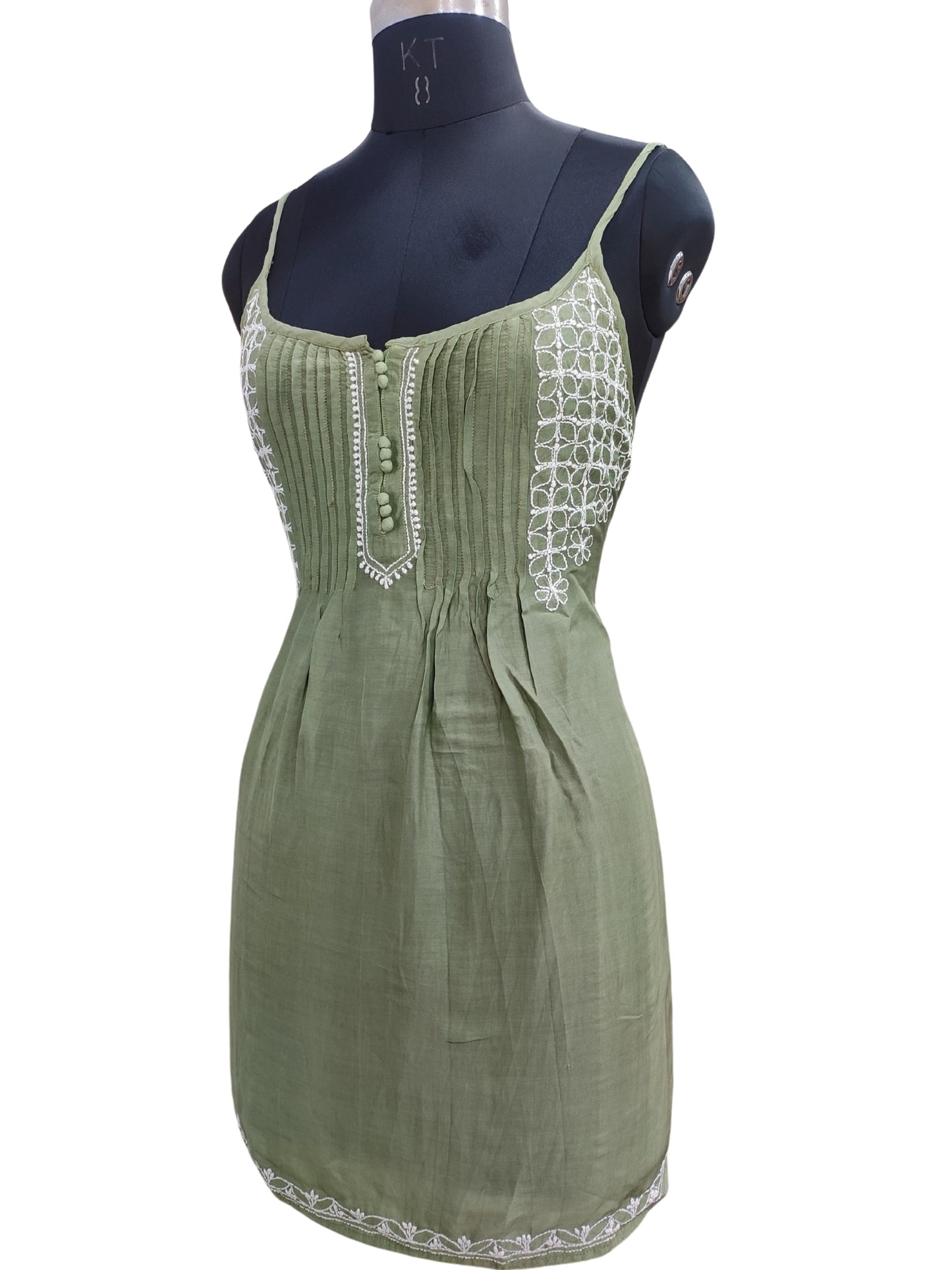 Shyamal Chikan Hand Embroidered Green Muslin Noodle Strap Lucknowi Chikankari Short Top - S25526