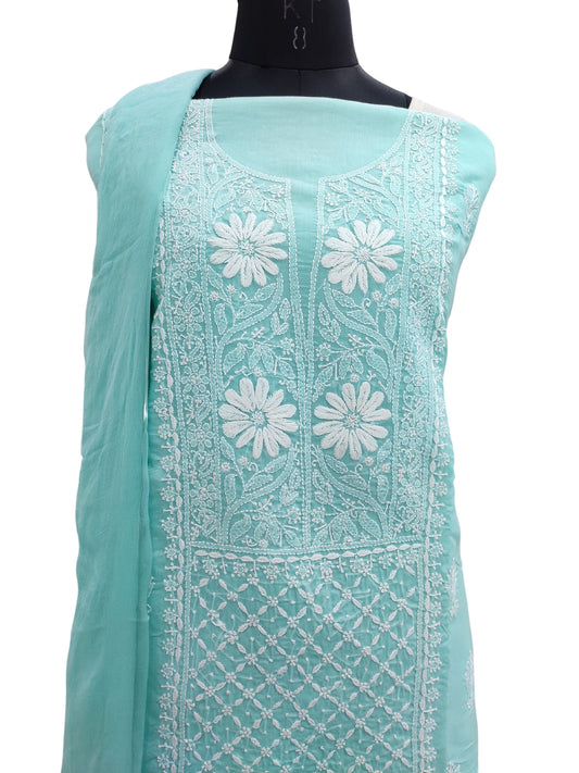 Shyamal Chikan Hand Embroidered Sea Green Cotton Lucknowi Chikankari Unstitched Suit Piece- S21842