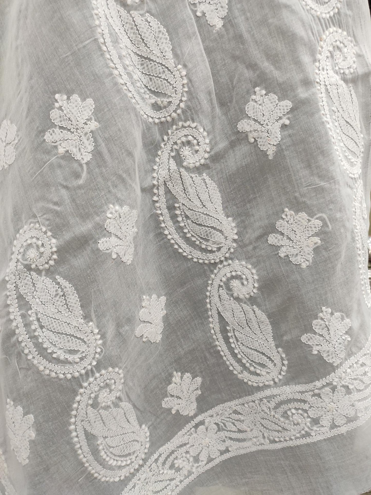 Shyamal Chikan Hand Embroidered White Cotton Lucknowi Chikankari Dupatta - S20100
