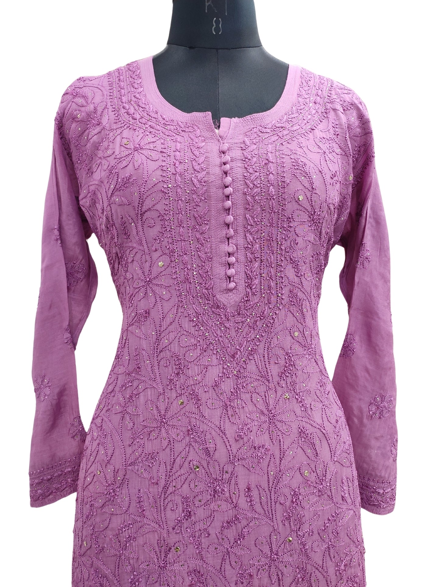 Shyamal Chikan Hand Embroidered Purple Muslin Lucknowi Chikankari Kurti With Mukaish Work - S24240