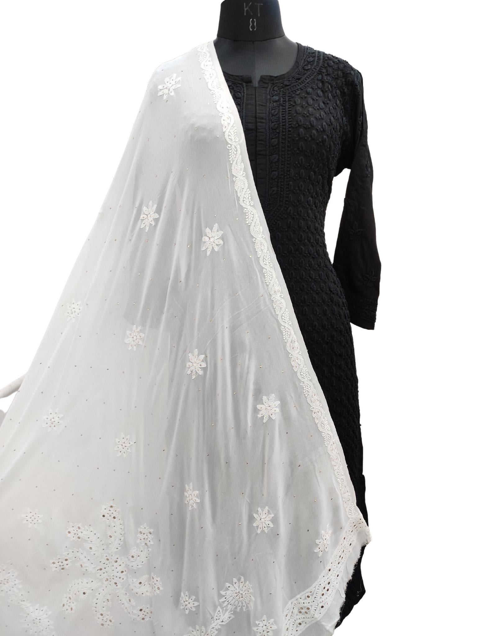 Shyamal Chikan Hand Embroidered White Viscose Georgette Lucknowi Chikankari Dupatta With Mukaish Work - S19946