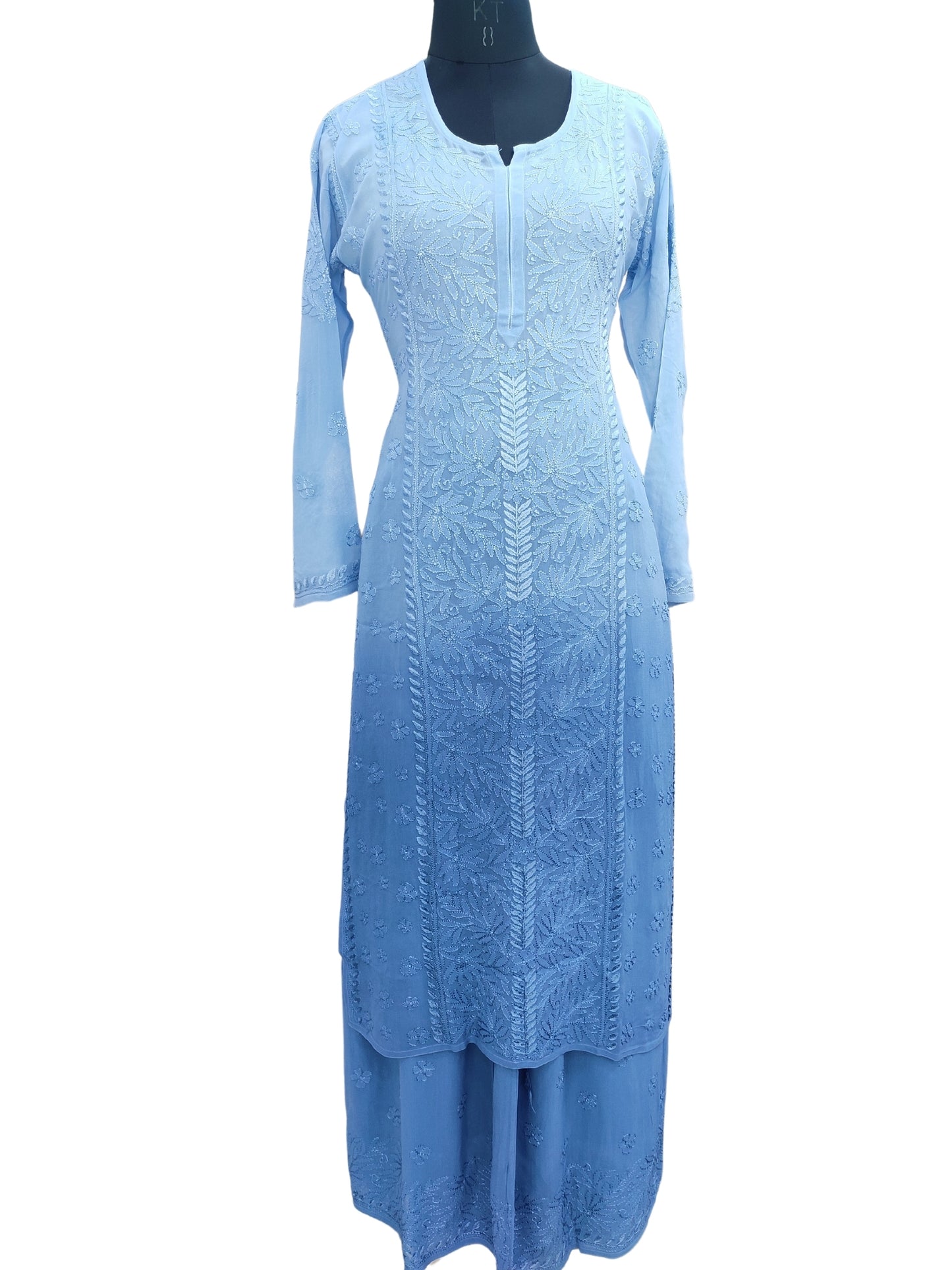 Shyamal Chikan Hand Embroidered Blue Viscose Georgette Lucknowi Chikankari Kurta and Bottom Set - 23662