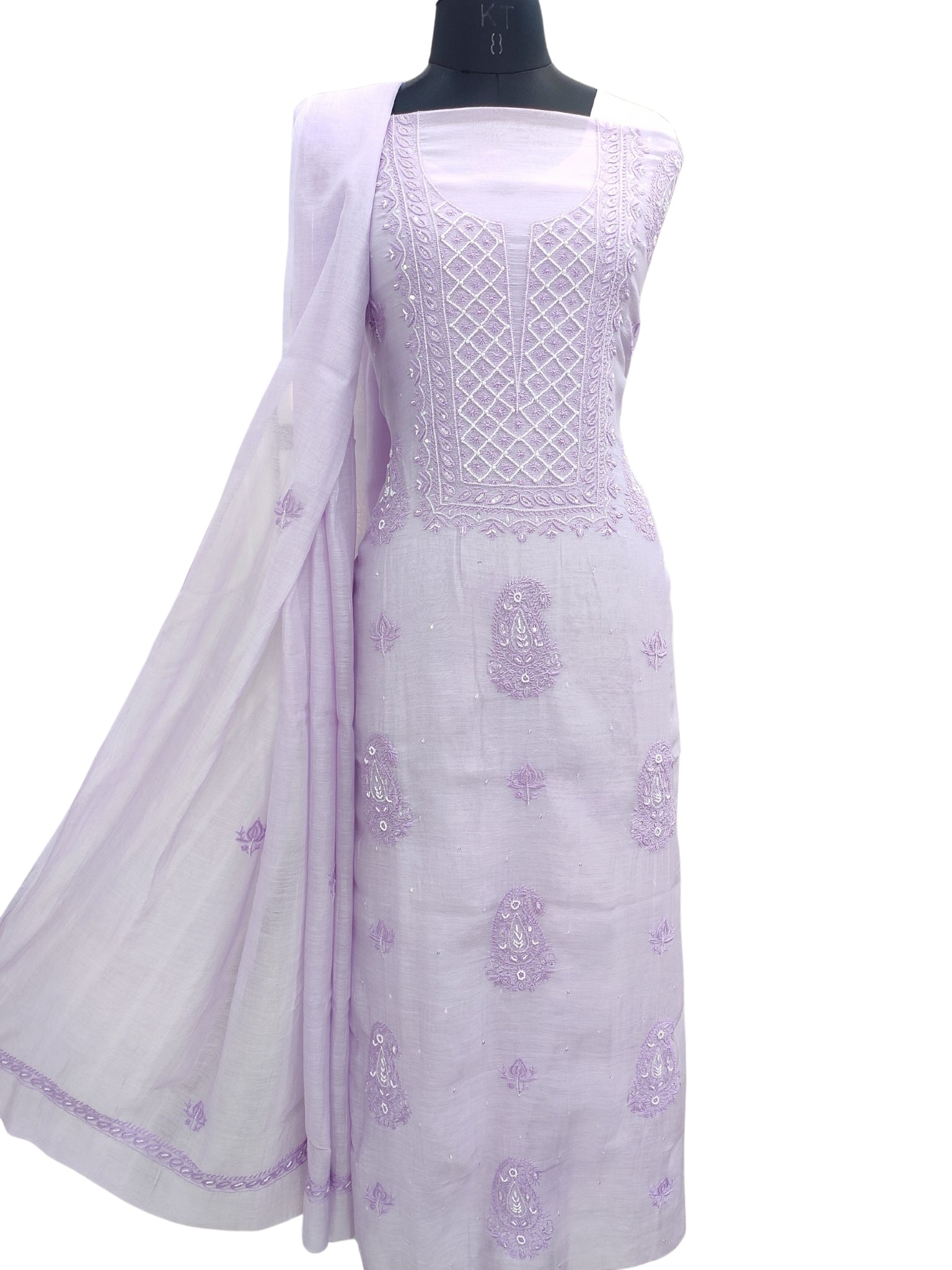 Shyamal Chikan Hand Embroidered Purple Mul Chanderi Lucknowi Chikankari Unstitched Suit Piece with Cutdana & Sequin Work (Kurta Dupatta Set) - S23969