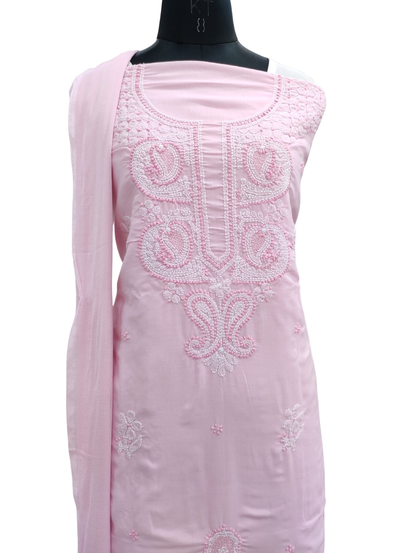 Shyamal Chikan Hand Embroidered Pink Cotton Lucknowi Chikankari Unstitched Suit Piece With Jaali Work - S24149