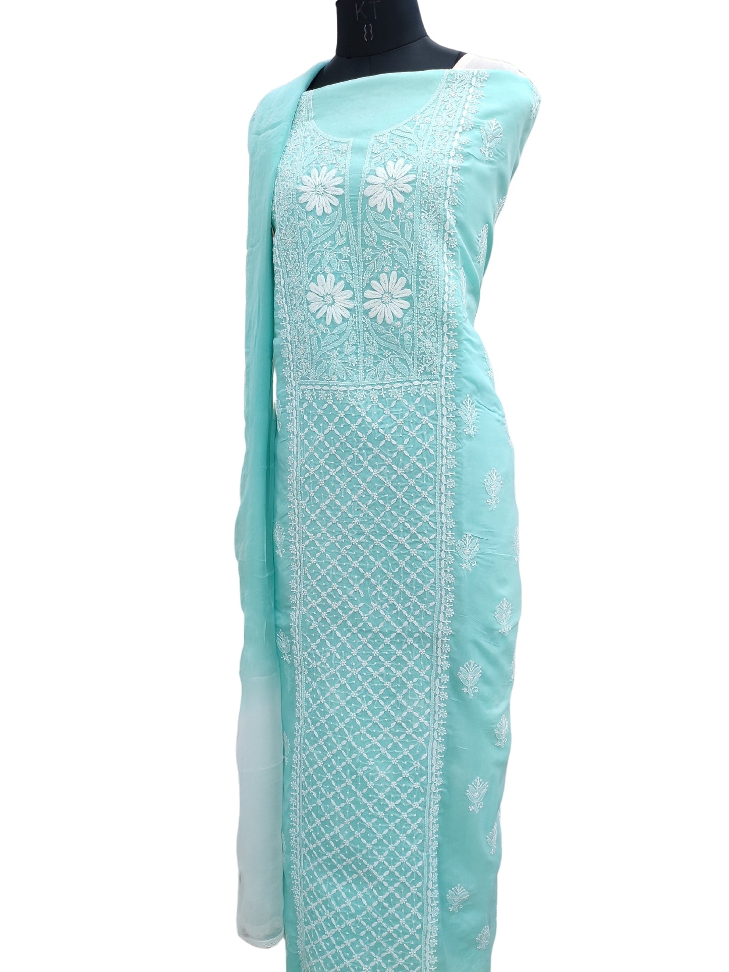 Shyamal Chikan Hand Embroidered Sea Green Cotton Lucknowi Chikankari Unstitched Suit Piece- S21842