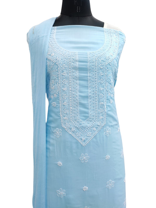 Shyamal Chikan Hand Embroidered Blue Cotton Lucknowi Chikankari Unstitched Suit Piece With Jaali Work - S25276