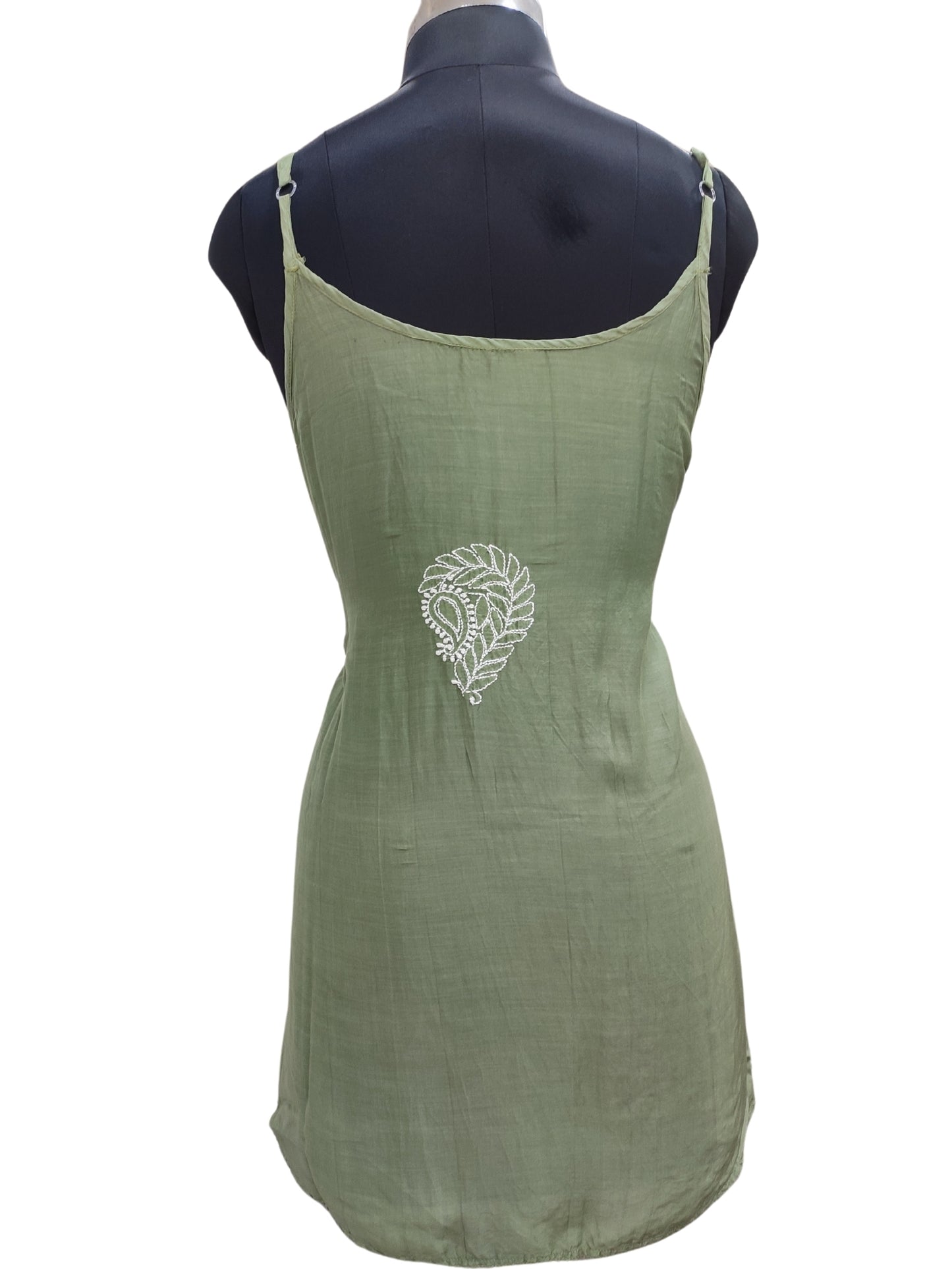 Shyamal Chikan Hand Embroidered Green Muslin Noodle Strap Lucknowi Chikankari Short Top - S25526