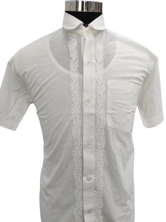 Shyamal Chikan Hand Embroidered White Lawn Lucknowi Chikankari Men's Shirt – S23295