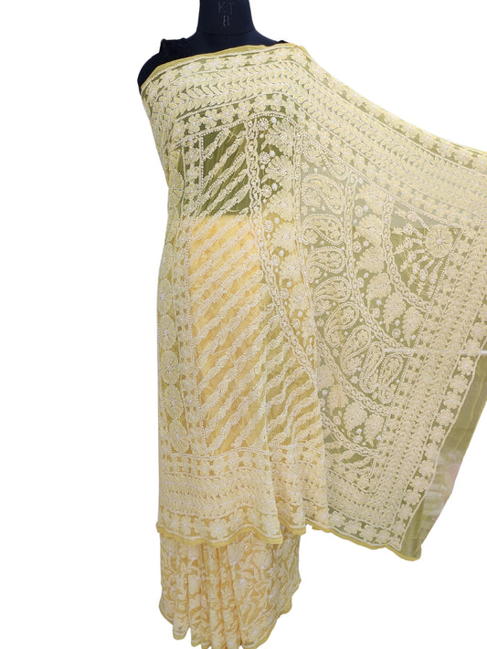 Shyamal Chikan Hand Embroidered Yellow Georgette Lucknowi Chikankari Full Jaal Saree With Blouse Piece - 23990