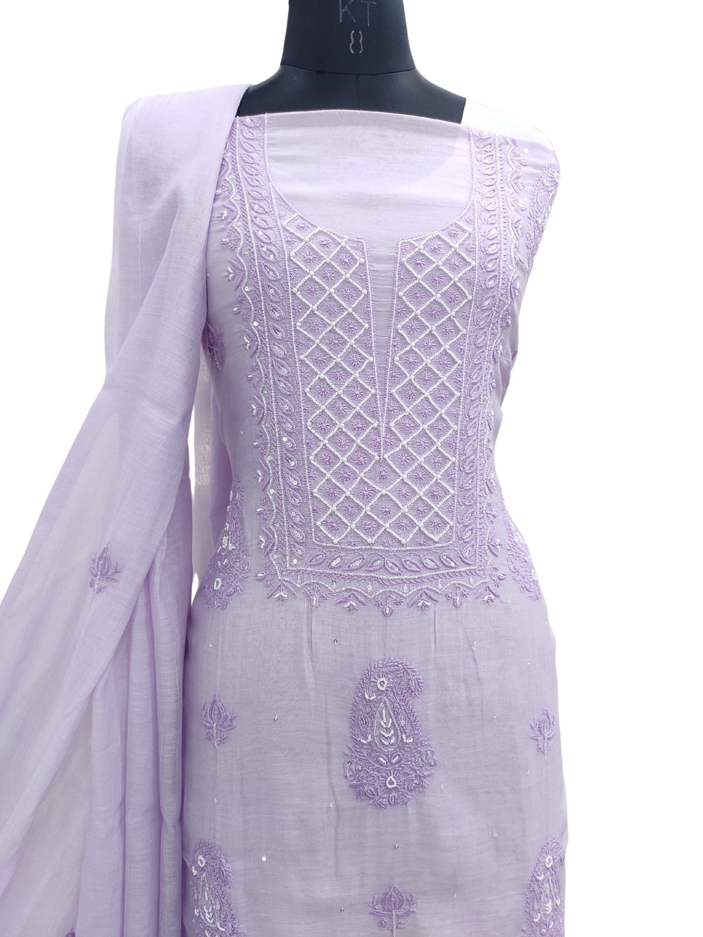 Shyamal Chikan Hand Embroidered Purple Mul Chanderi Lucknowi Chikankari Unstitched Suit Piece with Cutdana & Sequin Work (Kurta Dupatta Set) - S23969