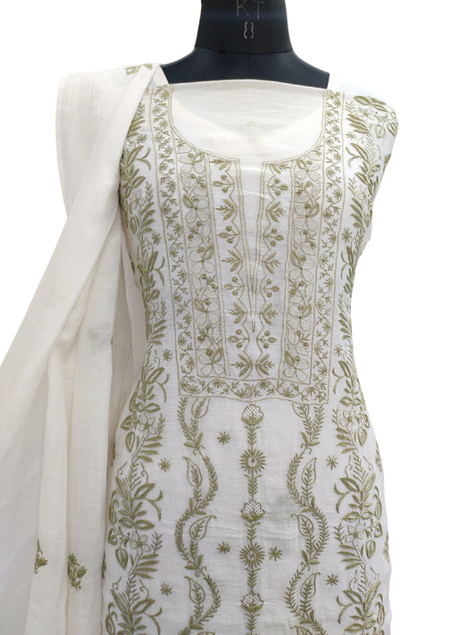 Shyamal Chikan Hand Embroidered White Mul Chanderi Lucknowi Chikankari Unstitched Suit Piece (Kurta Dupatta Set) - S22502