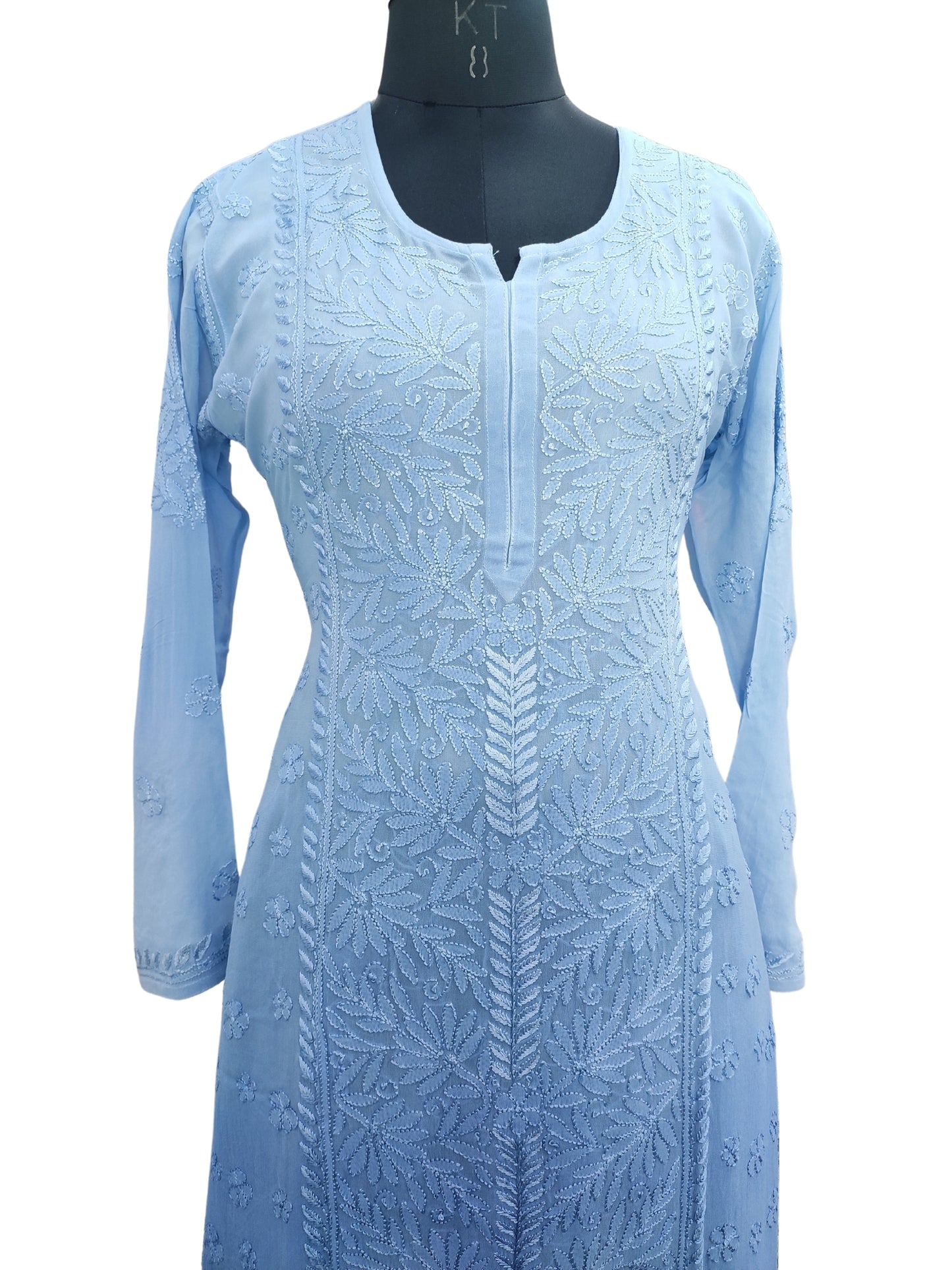 Shyamal Chikan Hand Embroidered Blue Viscose Georgette Lucknowi Chikankari Kurta and Bottom Set - 23662