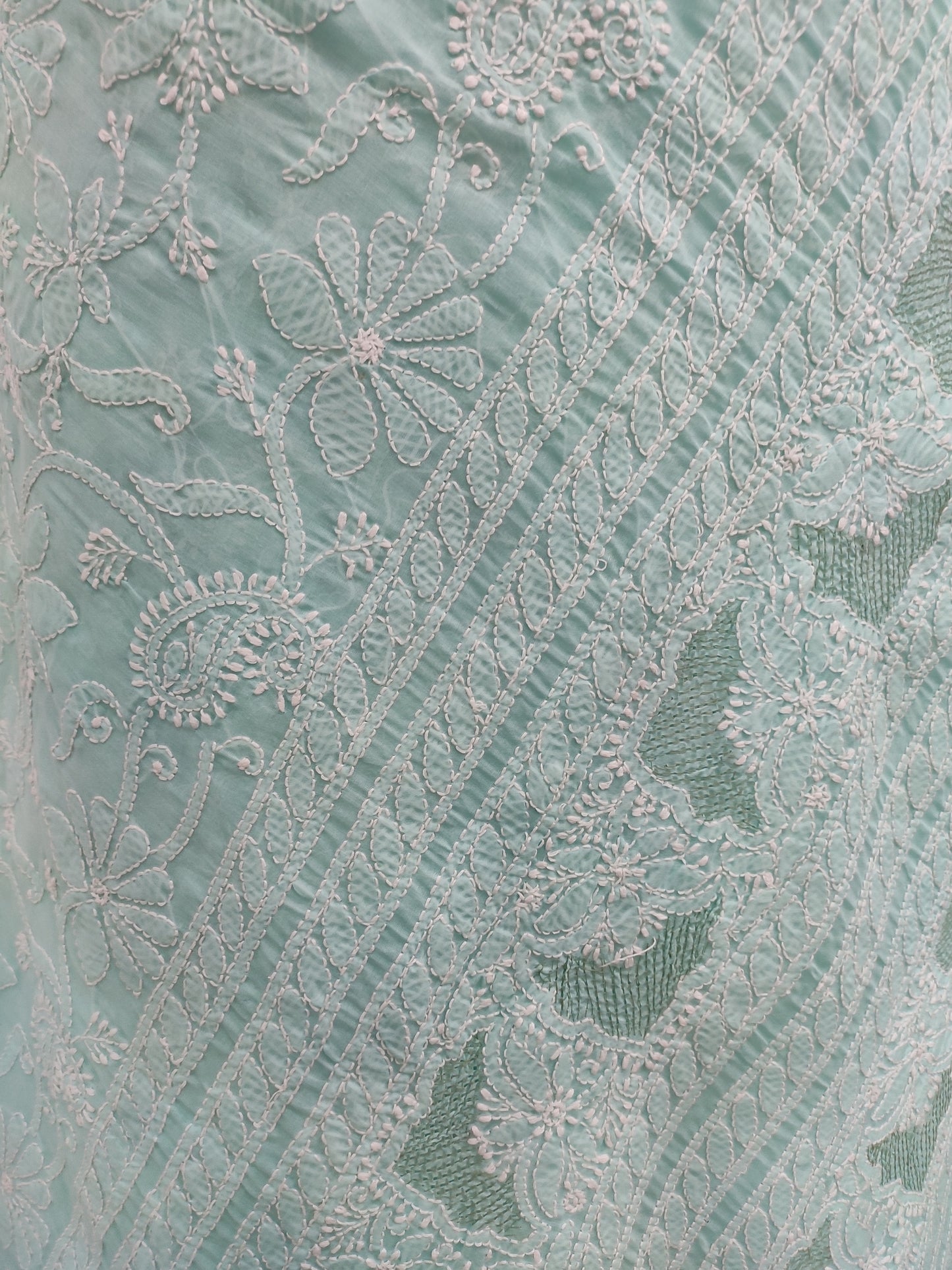 Shyamal Chikan Hand Embroidered Sea Green Cotton Lucknowi Chikankari Full Jaal Saree With Blouse Piece- S22254