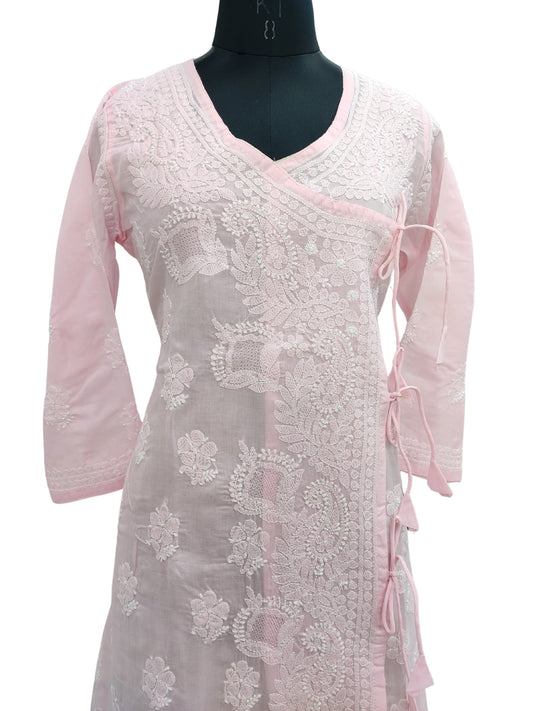 Shyamal Chikan Hand Embroidered Pink Angrakha A-Line Cotton Lucknowi Chikankari Kurti- S22015