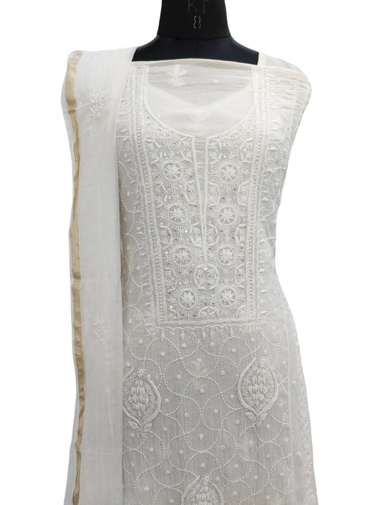 Hand Embroidered White Mul Chanderi Lucknowi Chikankari Unstitched Anarkali (Kurta Dupatta Set) With Pearl Cutdana & Sequin Work- S26727