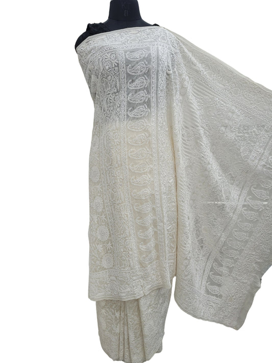 Shyamal Chikan Hand Embroidered White Pure Georgette Lucknowi Chikankari Saree With Blouse Piece  - S24061