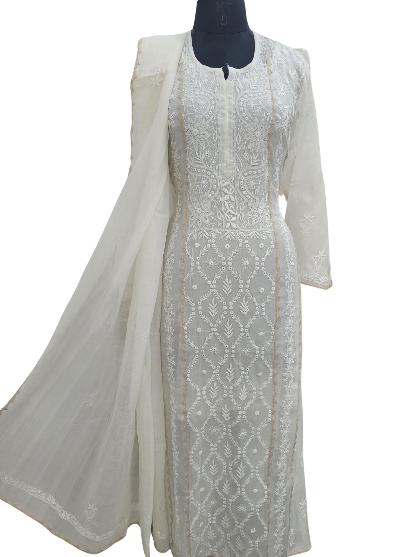 Shyamal Chikan Hand Embroidered White Mul Chanderi Lucknowi Chikankari semi stitched Suit Piece With Daraz Work (Kurta Dupatta Set) - S25091