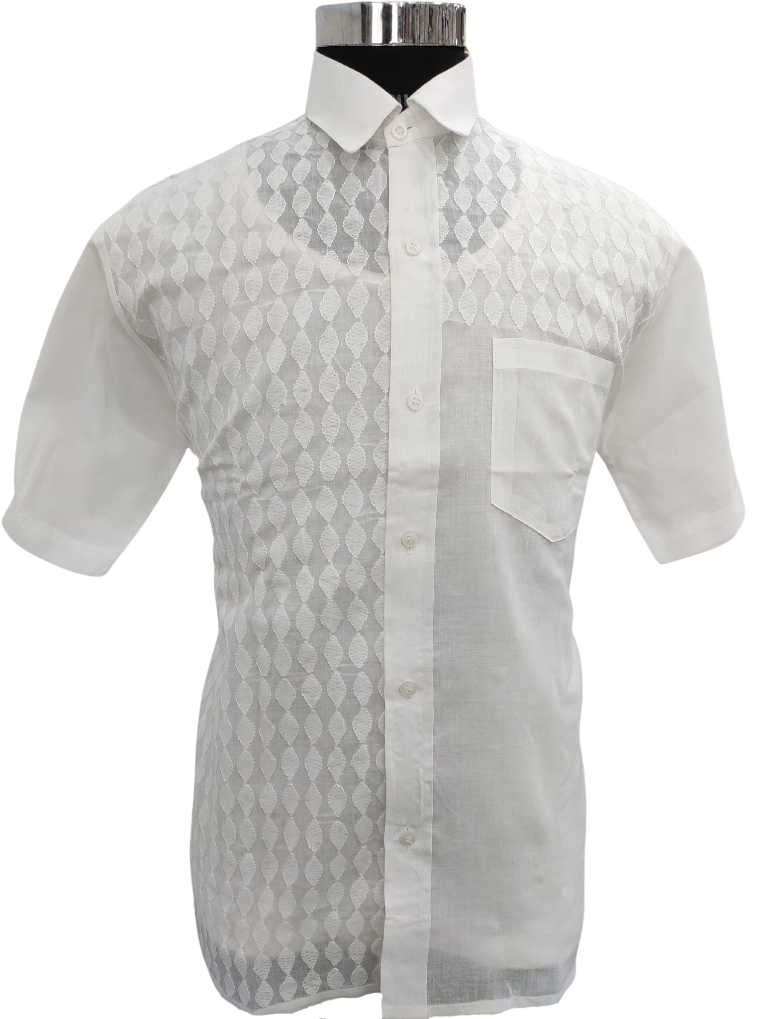 Shyamal Chikan Hand Embroidered White Cotton Lucknowi Chikankari Half Jaal Men's Shirt – S23296