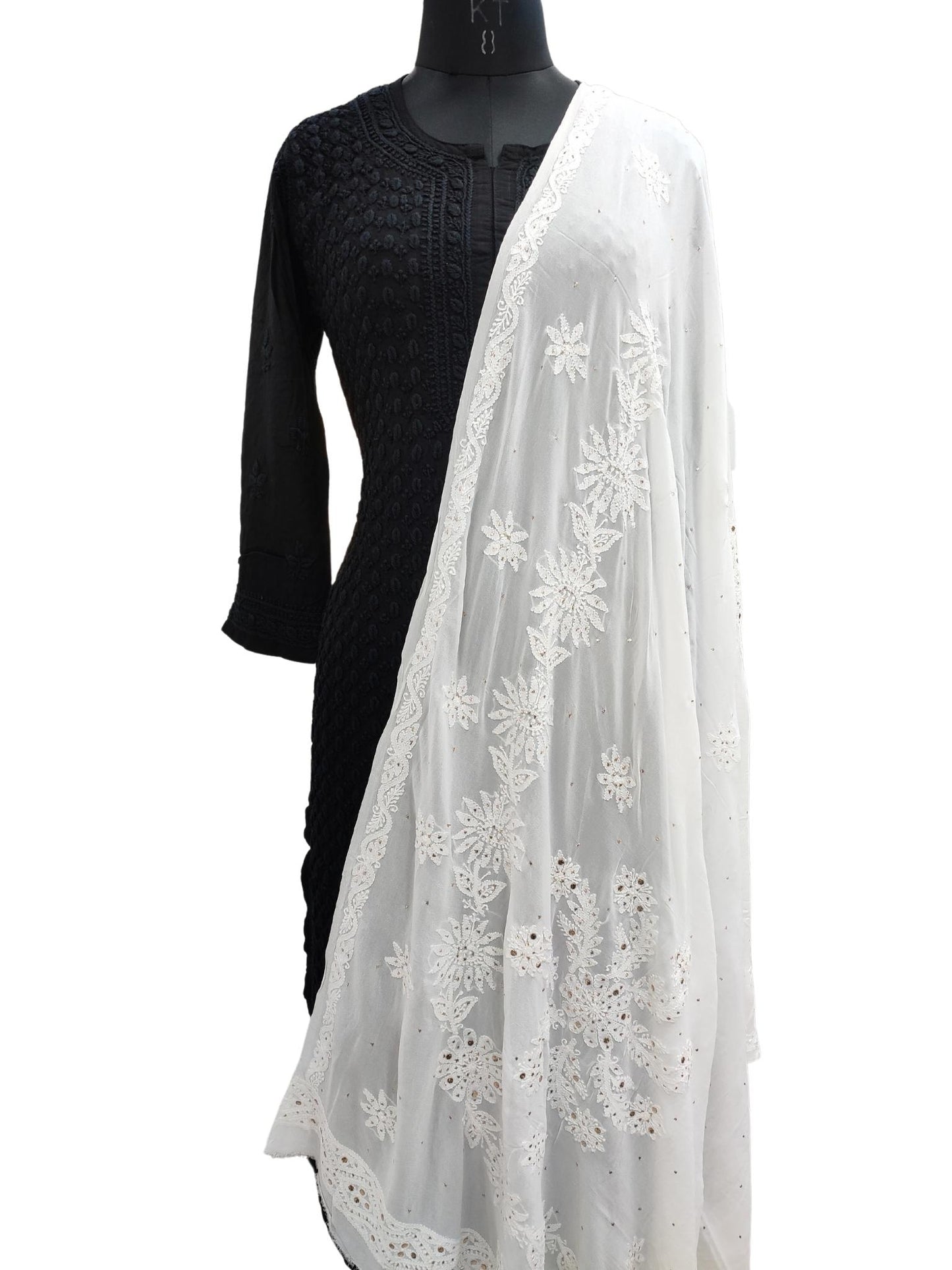 Shyamal Chikan Hand Embroidered White Viscose Georgette Lucknowi Chikankari Dupatta With Mukaish Work - S19946